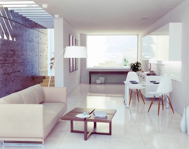 A living room with white tile floors and walls.