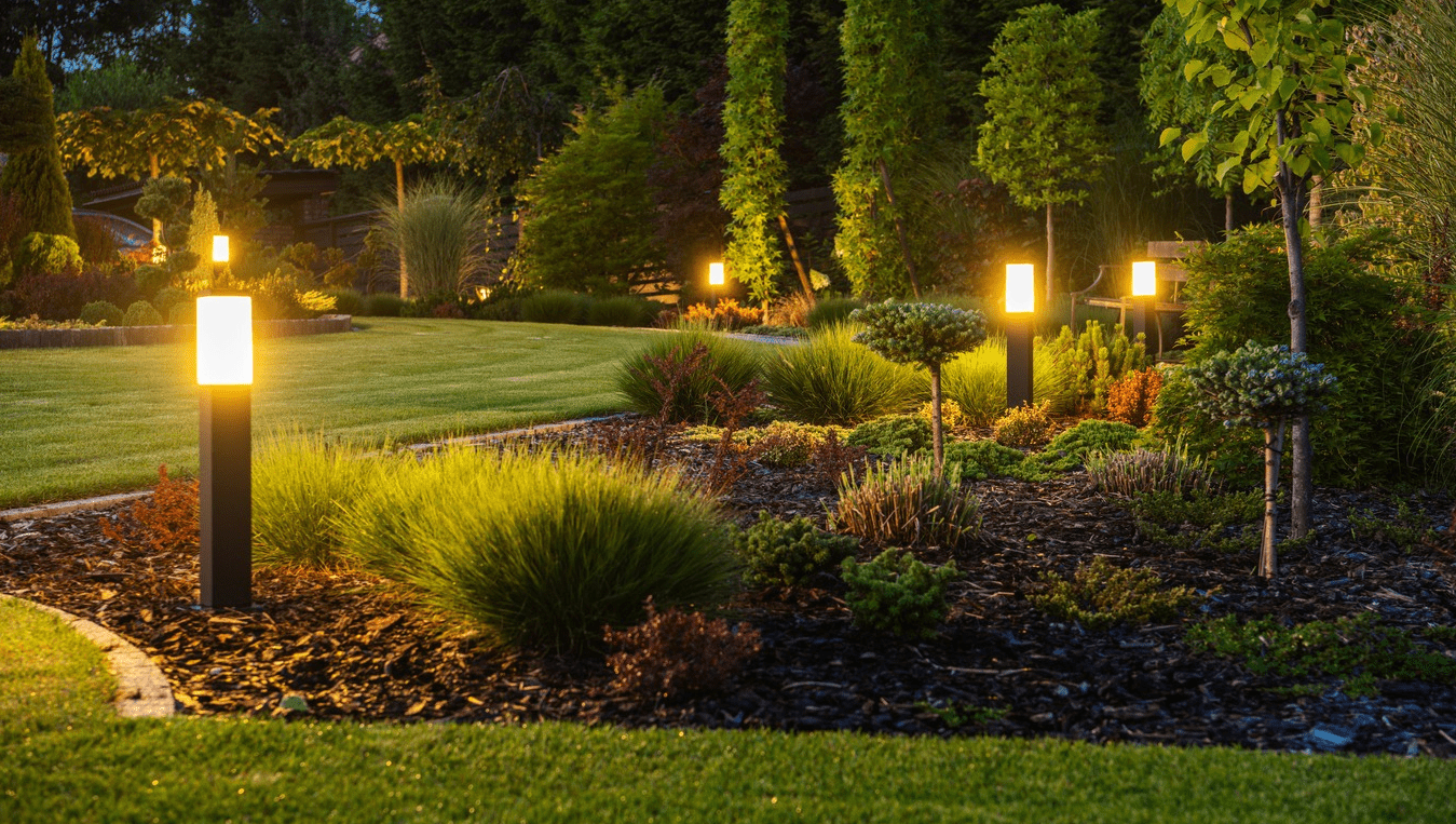 A garden with bushes and trees lit up at night.