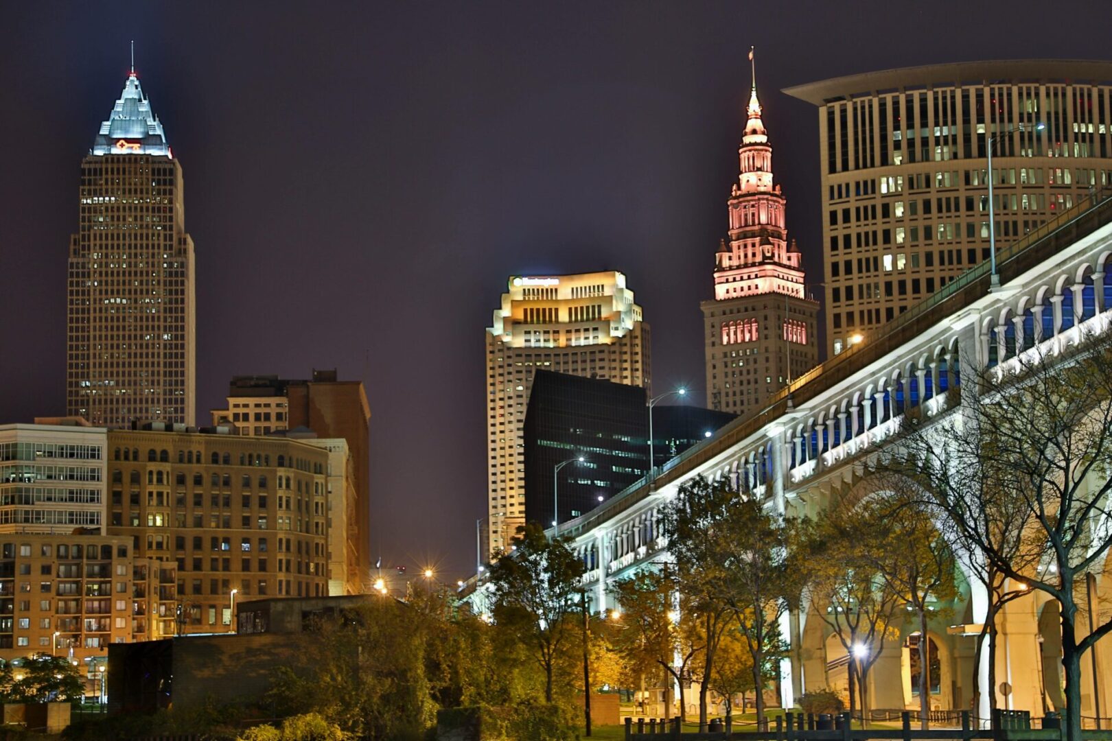 A view of the city skyline at night.